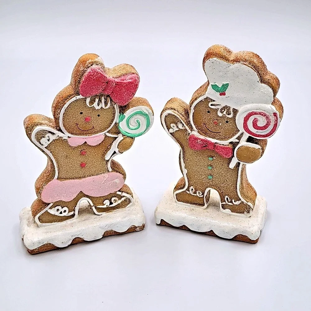 Gingerbread Girl & Boy Baker Resin Figurines Pink Christmas Tabletop 6